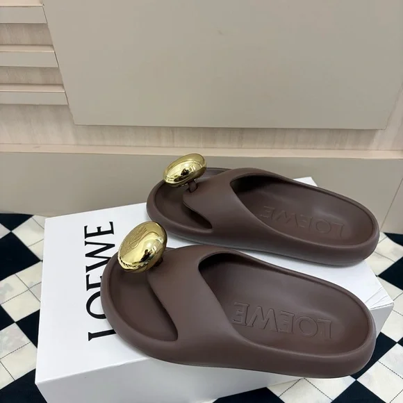 Loewe Chocolate Brown Slide Sandals with Gold Orb Detail - Picture 1 of 7